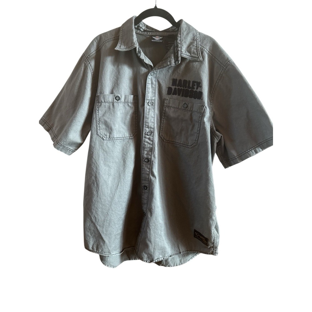 Harley Davidson Gray Eagle Graphic Men's Sz Large Short Sleeve Button Down Shirt